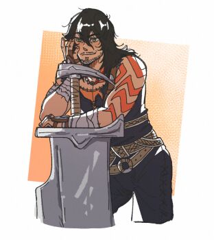 1boy arm_tattoo beard_stubble belt belt_pouch black_hair brown_belt chatdy commentary commission cowboy_shot dark-skinned_male dark_skin english_commentary facial_hair fingernails hair_between_eyes head_rest huge_weapon jewelry kid_icarus kid_icarus_uprising leaning_on_weapon long_hair_between_eyes magnus_(kid_icarus) magnus_club_(kid_icarus) male_focus mature_male medium_hair muscular muscular_male mustache_stubble necklace nintendo orange_background outside_border pouch solo strap stubble sword tattoo weapon yellow_eyes