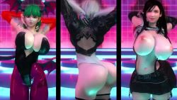 2b_(nier:automata) 3d 3girls almightypatty animated bouncing_ass bouncing_breasts breasts capcom dancing darkstalkers final_fantasy final_fantasy_vii huge_breasts large_breasts morrigan_aensland multiple_girls nier:automata nier_(series) nipples split_screen swaying tagme tifa_lockhart video