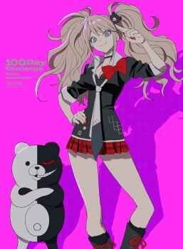 1girl bear_hair_ornament betti_(xx_betti) black_boots black_bra black_choker black_jacket blonde_hair blue_eyes boots bow bra breasts choker cleavage copyright_name danganronpa:_trigger_happy_havoc danganronpa_(series) enoshima_junko hair_ornament hand_on_own_hip highres jacket long_hair looking_at_viewer monokuma pink_background pleated_skirt red_bow red_nails red_skirt shadow signature skirt sleeves_rolled_up smile twintails underwear w