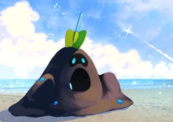 alternate_color beach blue_eyes blue_sky commentary_request day full_body gen_7_pokemon nintendo no_humans ocean omega_takai outdoors pokemon pokemon_(creature) sandygast shiny_pokemon shovel sky