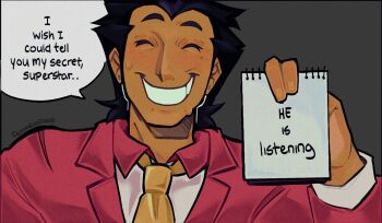 1boy ^_^ alternate_skin_color black_border black_hair border chainsaw_man closed_eyes collared_shirt comic_panel_redraw commentary contrast_collar dark-skinned_male dark_skin deltarune derivative_work earrings english_commentary english_text facing_viewer femmelaptop fingernails grey_background grin hair_slicked_back hand_up hatching_(texture) holding holding_notepad humanized_skin_color jacket jewelry lapels light-skinned_palms light_blush linear_hatching long_sleeves male_focus mole mole_under_eye mole_under_mouth mullet necktie nervous_smile nervous_sweating notched_lapels notepad outline outside_border portrait raised_eyebrows red_jacket scene_reference shirt short_hair simple_background smile solo spamton_g._spamton spamton_g._spamton_(big_shot) speech_bubble stud_earrings suit_jacket sweat twitter_username utdr_(toby_fox) white_outline widow&#039;s_peak yellow_necktie