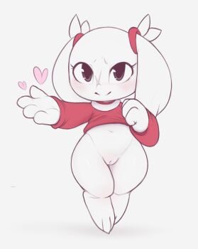 1girl alternate_costume animal_ears animal_feet arm_up barefoot black_eyes blush body_fur bottomless closed_mouth doukutsu_monogatari female_focus flat_chest full_body furry furry_female grey_background hand_up happy heart highres kekitopu lifting_own_clothes loli long_sleeves looking_at_viewer navel outstretched_arm presenting pussy raised_eyebrows red_sweater sakamoto_sue scar scar_on_face simple_background smile solo split_mouth standing stomach sweater thick_thighs thighs uncensored white_fur wide_hips