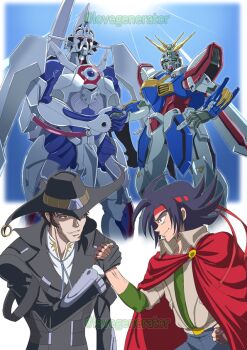2boys black_hair brown_hair cape commentary crossover dann_of_thursday domon_kasshu epic_handshake_(meme) g_gundam gloves god_gundam gundam gunxsword hat headband kin-san_(sasuraiga) male_focus mecha meme multiple_boys robot science_fiction short_hair smile super_robot super_robot_wars sword v-fin van_(gunxsword) weapon wings