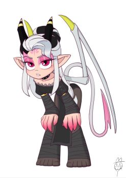 1girl 2025 arm_wrap artist_logo black_dress black_hair black_horns black_trim blush breasts chainnino china_dress chinese_clothes choker commentary demon_girl demon_horns demon_tail dress english_commentary eyeshadow facial_mark feet female_focus forehead_mark gold_trim hairdressing half-closed_eyes hands_on_own_knees highres horns joelreeves_(realqiaobuyi) leaning_forward leg_wrap logo makeup mechanical_wings medium_breasts monochrome multicolored_hair parted_bangs parted_lips pelvic_curtain pink_eyes pink_eyeshadow pointy_ears solo succubus&#039;s_refuge tail thick_thighs thighs toes two-tone_hair white_hair wings