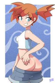 1girl artist_name ass bare_shoulders bigdead blouse blue_background blue_eyes blue_shorts blush border breasts clothes_pull cowboy_shot crop_top dated female_focus from_behind hair_tie hand_on_own_hip happy highres looking_back looking_to_the_side misty_(pokemon) mooning nintendo orange_hair outside_border partially_visible_vulva pokemon pokemon_lgpe pussy pussy_peek shiny_skin shirt short_hair short_shorts shorts shorts_pull side_ponytail simple_background sleeveless sleeveless_shirt small_breasts smile solo standing teeth two-tone_background uncensored watermark white_border white_shirt