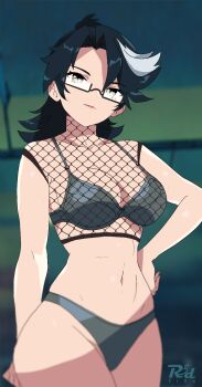 1girl artist_name bra breasts brown_eyes cleavage fishnet_top fishnets glasses green_bra green_hair green_panties hand_on_own_hip highres large_breasts long_hair looking_at_viewer mixed-language_commentary multicolored_hair navel panties parted_bangs r3dfive ray_yersin_(zenless_zone_zero) rectangular_eyewear solo two-tone_hair underwear white_hair zenless_zone_zero