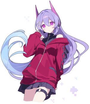 1girl black_jacket black_skirt blue_hair closed_mouth commentary_request cropped_legs gradient_hair hair_between_eyes hair_ornament headgear hijiri_(resetter) jacket long_hair long_sleeves looking_at_viewer multicolored_hair nayuta_(hijiri) off_shoulder original pleated_skirt puffy_long_sleeves puffy_sleeves purple_eyes purple_hair red_jacket simple_background skirt sleeveless sleeveless_jacket sleeves_past_wrists solo star_(symbol) star_hair_ornament very_long_hair white_background