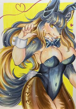 1girl absurdres animal_ears black_bow black_bowtie black_hair black_leotard blonde_hair border bow bowtie breasts bunnimals chsg4887 cleavage commentary_request cowboy_shot detached_collar fake_animal_ears from_side furry furry_female hand_up highres large_breasts leotard long_hair looking_at_viewer marie_gold multicolored_hair pantyhose pawpads playboy_bunny rabbit_ears simple_background smile solo standing streaked_hair tail traditional_media two-tone_hair white_border wolf_ears wolf_girl wolf_tail wrist_cuffs yellow_background yellow_eyes