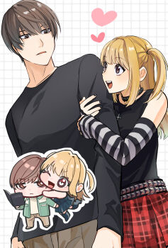 Rule 34 | 1boy, 1girl, amane misa, arm hug, arm warmers, belt, black shirt, blonde hair, blush, brown eyes, brown hair, brown pants, commentary request, couple, death note, goth fashion, heart, highres, kasuya86, long hair, miniskirt, open mouth, pants, plaid clothes, plaid skirt, pleated skirt, shirt, short hair, short twintails, skirt, sleeveless, sleeveless shirt, smile, striped arm warmers, twintails, yagami light