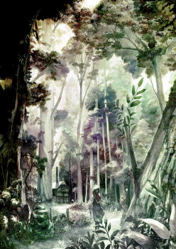 2girls forest grass hood house kionaoki looking_at_viewer multiple_girls nature original path road scenery standing