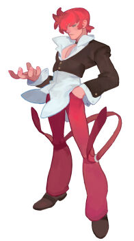 1boy black_choker choker closed_eyes commentary english_commentary fl_(l-fl) hand_in_pocket highres pants red_hair red_pants short_hair simple_background solo the_king_of_fighters unbuttoned_sleeves white_background yagami_iori