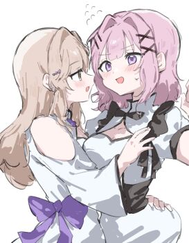 2girls amaori_renako blush bow breasts brown_eyes brown_hair clothing_cutout commentary dress flying_sweatdrops hand_on_another&#039;s_waist highres medium_breasts medium_hair mesugakisaikou multiple_girls open_mouth pink_hair purple_bow purple_eyes sena_ajisai shoulder_cutout simple_background smile watashi_ga_koibito_ni_nareru_wake_naijan_murimuri! white_background white_dress yuri