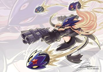 1girl arm_scarf beelstarmon belt black_gloves black_mask black_pants blonde_hair breasts coat cropped_vest digimon digimon_(creature) eye_mask gloves gun highres holding holding_gun holding_weapon jacket krausarts large_breasts leather leather_jacket leather_pants long_hair mask multiple-barrel_gun navel pants simple_background solo third_eye tight_clothes tight_pants underboob vest weapon