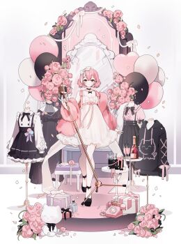 Rule 34 | 1girl, alcohol, balloon, beryl (blueberylpie), black shoes, bow, box, carpet, commentary, dress, flower, full body, fur jacket, gift, gift box, glass, hair bow, highres, indie utaite, jacket, mirror, nqrse, nqrse no neko, off shoulder, pink eyes, pink flower, pink hair, pink jacket, pink rose, ribbon, rose, shoes, short hair, simple background, sleeveless, sleeveless dress, solo, stuffed animal, stuffed cat, stuffed toy, symbol-only commentary, utaite, white background, white bow, white dress