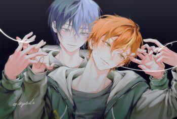 2boys aoyagi_touya black_shirt blonde_hair blue_hair closed_mouth commentary earrings english_commentary front-to-back grey_eyes hair_between_eyes highres hood hood_down hoodie jewelry light_blush long_sleeves male_focus mole mole_under_eye multicolored_hair multiple_boys myo0il2 open_clothes open_hoodie orange_hair project_sekai shinonome_akito shirt short_hair split-color_hair streaked_hair twitter_username two-tone_hair yaoi yellow_eyes
