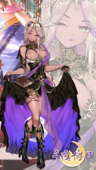 1girl artist_request belt_buckle black_boots black_dress book boots breasts buckle chain cleavage clothes_lift corset curtsey dark-skinned_female dark_skin dress fingerless_gloves gloves goggles goggles_on_head gold_chain high_heel_boots high_heels highres indie_virtual_youtuber jewelry long_hair multicolored_eyes multicolored_hair one_eye_closed purple_hair purple_sash sash senya_ichiya skirt skirt_lift streaked_hair white_hair