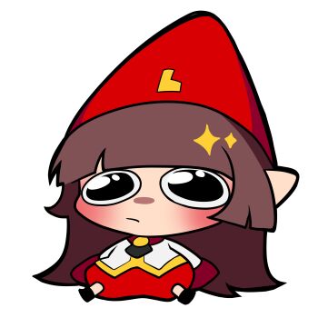 1other absurdres artist_self-insert blunt_bangs blush brooch brown_hair chibi chibi_only double-parted_bangs full_body graveweaver graveweaver_(character) hat highres jewelry leaning_back original sitting sparkle sparkling_eyes