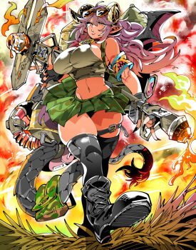 Rule 34 | 1girl, black boots, black thighhighs, boots, breasts, camouflage, camouflage skirt, eyewear on head, fire, flamethrower, full body, gradient hair, green skirt, holding, holding flamethrower, holding weapon, horns, kafun, large breasts, lips, long hair, looking at viewer, multicolored hair, navel, o3o, original, pentagram, puckered lips, purple hair, sideboob, skirt, solo, tagme, tail, thighhighs, very long hair, weapon, wings