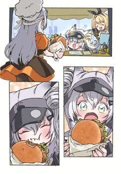 3girls animal_ears aoi_kili bandaged_head bandages blonde_hair blue_eyes blush burger cat_ears chef_hat croquette double_bun eating fast_food food food_wrapper goddess_of_victory:_nikke grey_hair gyaru hair_between_eyes hair_bun hair_ornament hat highres holding holding_food jacket kogal lettuce long_hair modernia_(nikke) multiple_girls n102_(nikke) onee_gyaru open_mouth rupee_(nikke) selfie_stick smile twintails