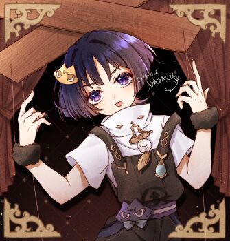 1boy absurdres aqua_gemstone black_background black_hair black_overalls blunt_ends border casual cat_hair_ornament contemporary curled_fingers curtains dated eyelashes eyeliner eyeshadow feathers fur_wrist_cuffs gem genshin_impact gold hair_intakes hair_ornament halloween halloween_costume hands_up head_tilt highres looking_at_viewer makeup male_focus marionette marionette_controller multicolored_hair official_alternate_costume ornate_border overalls pom_pom_(clothes) puppet puppet_strings purple_eyes purple_hair purple_sash red_eyeliner red_eyeshadow sash scaramouche_(cat)_(genshin_impact) scaramouche_(genshin_impact) shirt short_sleeves signature solo streaked_hair tareme tongue tongue_out undershirt upper_body wanderer_(genshin_impact) white_shirt white_sleeves wispy_bangs wrist_cuffs yellow_feathers yuzuko_to_love