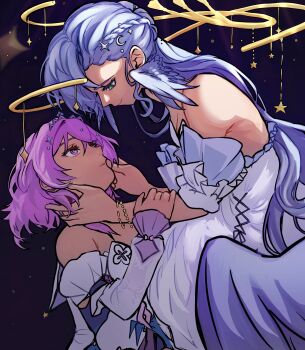 Rule 34 | 2girls, absurdres, alternate costume, black background, blue hair, braid, caelum17th, commentary, crescent, crescent hair ornament, detached sleeves, dress, english commentary, finger to another's mouth, flower, green eyes, hair bun, hair ornament, halo, hands on another's face, head wings, highres, honkai: star rail, honkai (series), long hair, looking at another, march 7th (honkai: star rail), medium hair, multicolored eyes, multiple girls, pink hair, robin (honkai: star rail), side braid, star (symbol), star hair ornament, tiara, two-tone eyes, very long hair, wings, yuri