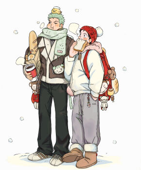 Rule 34 | 2boys, absurdres, alternate costume, backpack, bag, baguette, black pants, boots, bread, bread slice, brown boots, brown jacket, candy, candy cane, charm (object), chewing, coffee, commentary, cup, disposable cup, facial scar, food, food in mouth, full body, fur-trimmed boots, fur trim, green hair, grey pants, hand in pocket, hat, highres, holding, holding bag, holding bread, hood, hoodie, jacket, jjerri00, lapels, long sleeves, male focus, monkey d. luffy, multiple boys, notched lapels, one eye closed, one piece, pants, paper bag, red bag, red hat, roronoa zoro, scar, scar across eye, scar on cheek, scar on face, scarf, shoes, short hair, snow, snowing, standing, steam, sweatpants, symbol-only commentary, white hoodie, white shoes, winter