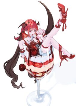 1girl absurdres black_horns bow breasts cherry cleavage cup drinking_glass food fruit gradient_hair head_wings high_heels highres horns long_hair multicolored_hair on_food original parfait pointy_ears rakugaki_suruhito red_bow red_eyes red_hair red_ribbon red_shoes ribbon shoes sitting solo strawberry tongue tongue_out wine_glass wings