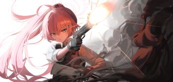 1girl absurdres beretta_1301 beretta_92 black_gloves blue_archive blue_eyes bulletproof_vest casing_ejection closed_mouth collared_shirt commentary dress_shirt english_commentary firing floating_hair gloves gun hair_between_eyes halo handgun heterochromia highres hoshino_(armed)_(blue_archive) hoshino_(blue_archive) long_hair looking_ahead muzzle_flash outstretched_arm pink_hair pink_halo ponytail shell_casing shirt shotgun sleeves_rolled_up smoke solo tagua upper_body very_long_hair weapon white_background white_shirt yellow_eyes