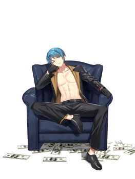1boy abs black_gloves black_jacket black_pants black_shoes blue_eyes blue_hair chair closers gloves head_rest highres jacket long_sleeves looking_at_viewer male_focus money nata_(closers) official_art one_eye_closed open_clothes open_jacket pants pectorals shoes short_hair simple_background sitting solo white_background