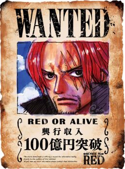 1boy black_cape blue_sky cape english_text facial_hair looking_at_viewer manly oda_eiichirou official_art one_piece photo_(object) poster promotional_art red_hair scar scar_across_eye scar_on_face shanks_(one_piece) short_hair simple_background sky solo title translation_request upper_body wanted_poster