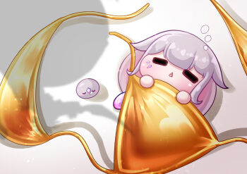 1girl absurdres bikini chibi gold_bikini golden_week grey_hair highres hololive hololive_english koseki_bijou long_hair pebble_(koseki_bijou) purple_eyes seapupu shiny_swimsuit sleeping swimsuit triangle_bikini_top virtual_youtuber