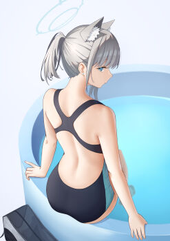 1girl absurdres animal_ear_fluff animal_ears bag black_one-piece_swimsuit blue_archive blue_eyes breasts competition_swimsuit cross_hair_ornament extra_ears from_behind grey_hair hair_ornament halo highres looking_at_viewer looking_back low_ponytail medium_breasts medium_hair mismatched_pupils multicolored_swimsuit official_alternate_costume one-piece_swimsuit ponytail racerback shiroko_(blue_archive) shiroko_(swimsuit)_(blue_archive) solo spa styx swimsuit wolf_ears