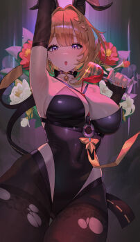 1girl absurdres alternate_costume animal_ear_hairband animal_ears arm_up armpits black_leotard black_thighhighs blonde_hair breasts chest_harness commentary cup english_commentary evelyn_chevalier fake_animal_ears hairband harness highres holding holding_cup large_breasts leotard looking_at_viewer mangsik playboy_bunny presenting_armpit purple_eyes rabbit_ear_hairband rabbit_ears solo spilling strapless strapless_leotard thighhighs torn_clothes torn_thighhighs zenless_zone_zero