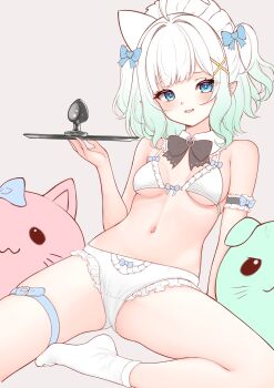 1girl absurdres armband black_bow black_bowtie blue_bow blue_eyes bow bow_bra bow_panties bowtie bra breasts breasts_apart butt_plug commentary detached_collar fang frilled_armband frilled_panties frills gradient_hair green_hair hairband heart highres holding holding_tray honon indie_virtual_youtuber looking_at_viewer mint_fantome multicolored_hair navel open_mouth panties pointy_ears ringed_eyes sex_toy skin_fang small_breasts socks solo thigh_strap tray underboob underwear virtual_youtuber white_bra white_hair white_panties white_socks