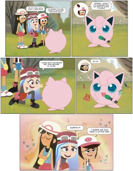 3girls andrea_davenport closed_eyes closed_mouth commentary cosplay crossover english_text freckles gen_1_pokemon highres hilda_(pokemon) hilda_(pokemon)_(cosplay) holding holding_marker jigglypuff jmdx64 leaf_(pokemon) leaf_(pokemon)_(cosplay) libby_stein-torres marker molly_mcgee multiple_girls music musical_note nintendo open_mouth pokemon pokemon_(creature) serena_(pokemon) serena_(pokemon)_(cosplay) singing smile speech_bubble the_ghost_and_molly_mcgee toon_(style)