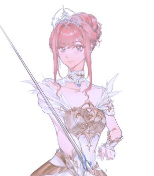 Rule 34 | 1girl, armor, breastplate, brown eyes, chinese commentary, closed mouth, collar, collarbone, commentary request, cowboy shot, detached collar, dot nose, dress, earrings, eyelashes, feather-trimmed dress, frilled arm warmers, hair bun, hair intakes, happy, high collar, highres, holding, holding sword, holding weapon, infinity nikki, jewelry, lace collar, lips, melody bloom (infinity nikki), nikki (nikki), nikki (series), off-shoulder dress, off shoulder, pink hair, randomqiong, rapier, short hair with long locks, short sleeves, sidelocks, simple background, single hair bun, smile, solo, standing, sword, tiara, updo, wavy hair, weapon, white arm warmers, white background, white collar, white dress