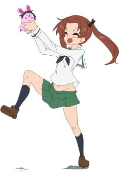 1girl animal black_socks blush brown_hair closed_eyes full_body girls_und_panzer holding_animal holding_rabbit jinguu_(4839ms) kadotani_anzu long_hair midriff miniskirt navel ooarai_school_uniform open_mouth rabbit simple_background sketch skirt smile socks twintails white_background