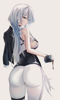 1girl absurdres ass black_gloves black_jacket breasts brid_(nikke) brid_(silent_track)_(nikke) commentary cup dabrew disposable_cup earrings from_behind gloves goddess_of_victory:_nikke highres holding holding_cup jacket jewelry large_breasts long_hair official_alternate_costume pants shirt sideboob simple_background solo very_long_hair white_background white_hair white_pants white_shirt