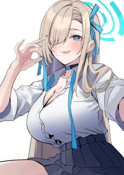 1girl asuna_(blue_archive) asuna_(school_uniform)_(blue_archive) blonde_hair blue_archive blue_eyes blue_halo blue_ribbon blue_skirt blush breasts choker cleavage collarbone commentary_request hair_over_one_eye hair_ribbon halo highres large_breasts long_hair looking_at_viewer mole mole_on_breast nakano_kura ribbon shirt skirt sleeves_rolled_up solo thighs tongue tongue_out very_long_hair white_shirt