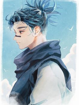 Rule 34 | 1boy, 28cg, absurdres, black eyes, black hair, blue background, blue sky, border, choso (jujutsu kaisen), closed mouth, cloud, double bun, expressionless, facial tattoo, hair bun, highres, jujutsu kaisen, male focus, short hair, simple bird, sky, solo, tattoo, upper body, white border