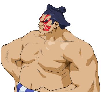 Rule 34 | 1boy, bengus, chonmage, e. honda, facepaint, game cg, hand on own hip, highres, loincloth, looking to the side, male focus, muscular, muscular male, non-web source, official art, open mouth, scowl, sideways glance, solo, street fighter, street fighter zero (series), sumo, thick eyebrows, topknot, v-shaped eyebrows, white background