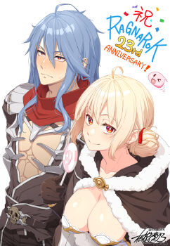 Rule 34 | 1boy, 1girl, ahoge, anniversary, armor, assassin cross (ragnarok online), black shirt, blonde hair, blue hair, blush, breasts, brown cape, brown gloves, candy, cape, cleavage, closed mouth, commentary request, double bun, eremes guile, food, fur-trimmed cape, fur trim, gloves, hair between eyes, hair bun, hair ribbon, high wizard (ragnarok online), highres, holding, holding candy, holding food, holding lollipop, kathryne keyron, large breasts, lollipop, long bangs, long hair, looking afar, looking at viewer, masaki shino, open mouth, pauldrons, poring, ragnarok online, red eyes, red ribbon, red scarf, ribbon, scarf, shirt, short hair, shoulder armor, simple background, slime (creature), smile, swirl lollipop, upper body, white background