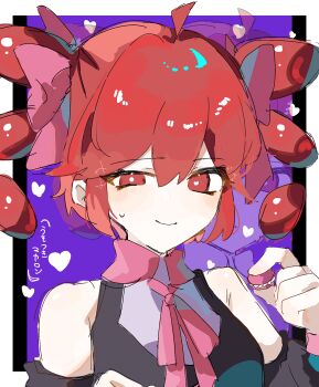 1girl absurdres ahoge black_dress black_sleeves bow bright_pupils closed_mouth collared_dress commentary_request contrast_collar detached_sleeves double-parted_bangs dress drill_hair food hair_between_eyes hair_bow heart highres holding holding_food holding_macaron kasane_teto long_hair_between_eyes looking_at_viewer macaron neck_ribbon pink_bow pink_ribbon pon_(4bgp4r1ajk45185) red_eyes red_hair ribbon sleeveless sleeveless_dress smile solo song_name twin_drills uneven_eyes upper_body usotsuki_macaron_(utau) utau white_pupils