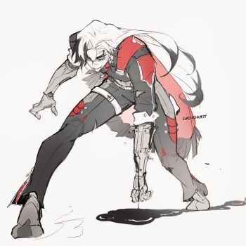 1boy belt black_hair black_pants boothill_(honkai:_star_rail) commentary cyborg english_commentary full_body grin highres honkai:_star_rail honkai_(series) injury long_hair luciidkatt male_focus multicolored_hair pants scarf short_sleeves simple_background sleeve_cuffs smile solo standing teeth thigh_belt thigh_strap white_background white_belt white_hair