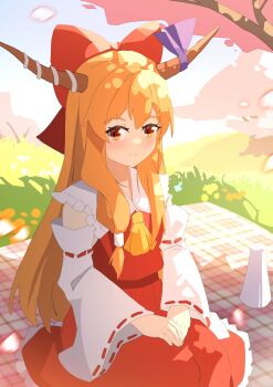 Rule 34 | 1girl, absurdres, alternate costume, ascot, blonde hair, blush, bow, brown horns, cherry blossoms, chinese commentary, closed mouth, commentary request, cosplay, day, detached sleeves, frilled skirt, frills, hair bow, hakurei reimu, hakurei reimu (cosplay), highres, horn ornament, horn ribbon, horns, ibuki suika, long hair, looking at viewer, oni, outdoors, picnic blanket, red bow, red skirt, ribbon, ribbon-trimmed sleeves, ribbon trim, sdftehn, seiza, sitting, skirt, skirt set, smile, solo, touhou, very long hair, yellow ascot, yellow eyes