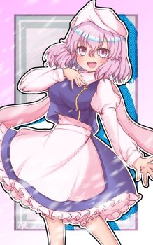 1girl abstract_background apron ben-day_dots black_outline blue_background blue_skirt blue_vest border breasts commentary cowboy_shot frilled_skirt frills gold_trim gradient_border grey_eyes hair_between_eyes hand_on_own_chest hat highres juliet_sleeves large_breasts letty_whiterock long_sleeves looking_at_viewer medium_hair open_mouth outline pink_border pink_hair puffy_long_sleeves puffy_sleeves rykyukkuri screentones shirt skirt smile solo touhou vest white_apron white_background white_border white_hat white_outline white_shirt