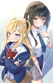 2girls ahoge black_hair blonde_hair blue_eyes blue_jacket blue_necktie bow bowtie breast_pocket breasts brown_eyes brown_skirt character_request collared_shirt commentary_request cowboy_shot crossed_arms dress_shirt grey_skirt hair_ornament hairclip highres hood hooded_jacket jacket kanagi_nagi large_breasts long_hair long_sleeves looking_at_viewer miniskirt multiple_girls necktie official_art one_side_up open_clothes open_jacket plaid_clothes plaid_skirt pleated_skirt pocket red_bow red_bowtie school_uniform shirt skirt uchi_no_seiso-kei_iinchou_ga_katsute_chuunibyou_idol_datta_koto_wo_ore_dake_ga_shitteiru. white_shirt yugaa