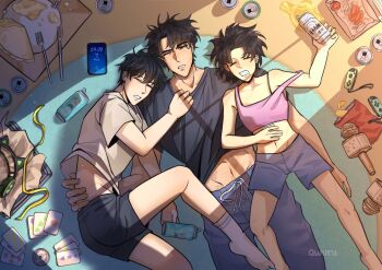 1girl 2boys absurdres animal_ear_headphones animal_ears areuwuu barefoot black_hair black_shirt black_shorts blue_shorts bra_strap can card cat_ear_headphones cat_ears chips_(food) closed_eyes crop_top dumpling fake_animal_ears feet_out_of_frame food fork from_above half-closed_eye han_sooyoung hand_on_another&#039;s_back hand_on_another&#039;s_chest hand_on_own_stomach headphones highres holding holding_can kim_dokja knee_up lying microphone midriff morning multiple_boys nintendo_switch omniscient_reader&#039;s_viewpoint on_back on_ground open_mouth phone pie shirt short_hair shorts socks stomach streamers toned toned_female white_shirt white_socks window_light yoo_joonghyuk