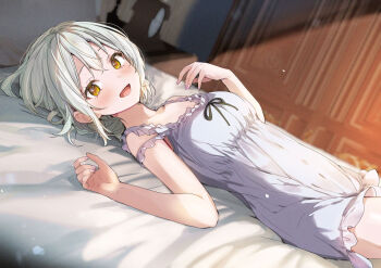 1girl absurdres breasts character_request commentary_request copyright_request dress from_side grey_hair highres light_blush looking_at_viewer lying medium_breasts official_art on_back on_bed open_mouth second-party_source short_dress short_hair smile solo tomozero white_dress yellow_eyes