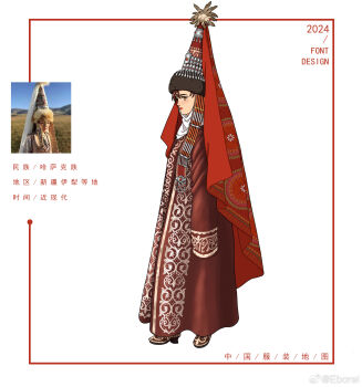 1girl 2024 brown_eyes brown_hair brown_shoes chinese_commentary chinese_text commentary_request eborel from_side full_body fur-trimmed_headwear fur_trim hat highres kazakh_clothes looking_at_viewer original photo-referenced photo_inset profile red_hat red_lips red_robe red_veil reference_inset robe shoes sleeves_past_fingers sleeves_past_wrists solo standing veil watermark weibo_watermark white_background